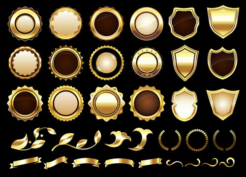 Elegant golden labels. Shields badges, gold ornamental scrolls amd retro label. Royal award insignia, luxury gold ribbon. Isolated vector illustration icons set