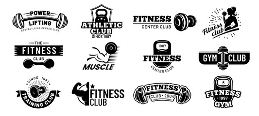 Gym badges. Bodybuilding stencil label, fitness monochrome silhouette badge and athlete muscles. Bodybuilding iron stamp, hipster athletic logotype. Isolated vector illustration symbols set