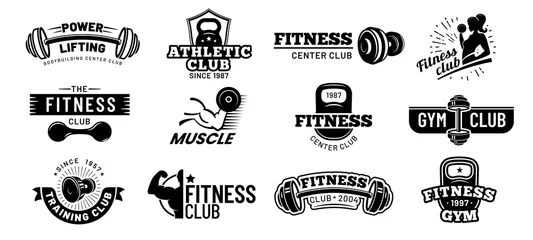 Foto auf Glas Gym badges. Bodybuilding stencil label, fitness monochrome silhouette badge and athlete muscles. Bodybuilding iron stamp, hipster athletic logotype. Isolated vector illustration symbols set © Tartila