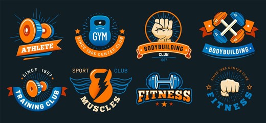 Vintage Gym Emblem Athlete Muscles Fitness And Bodybuilding Labels Sport Signs Athlete Logo Silhouette Or Fit Bodybuilder Retro Badge Colorful Isolated Vector Symbols Set Buy This Stock Vector And Explore Similar