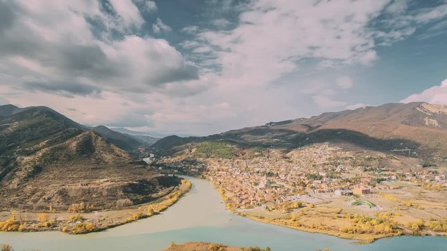 Mtskheta Georgia. Top View Skyline Of Ancient Town Located At Valley Of Confluence Of Rivers Mtkvari Kura, Aragvi In Picturesque Highlands