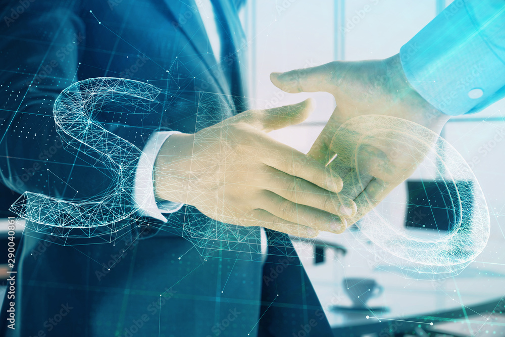 Poster multi exposure of seo icon hologram on office background with two men handshake. concept of data sea