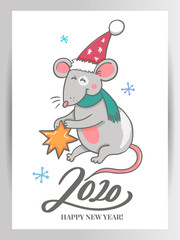 Template image Happy new year party with rat, white background new year 2020. Funny sketch mouse Vector illustration.