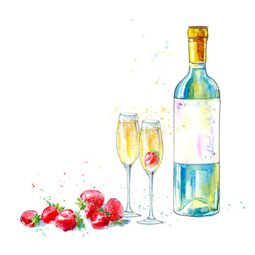 Strawberries and champagne bottle . Picture of a alcoholic drink and berries. Watercolor hand drawn illustration.