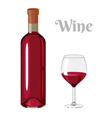 Red wine in bottle and glass isolated on white background. Alcoholic drink. Vector illustration in cartoon simple flat style.