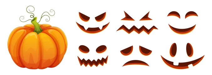 Foto auf Glas Halloween pumpkin faces generator. Vector cartoon pumpkin with scared and smiley faces. Illustration halloween scared face, pumpkin smiley © ONYXprj