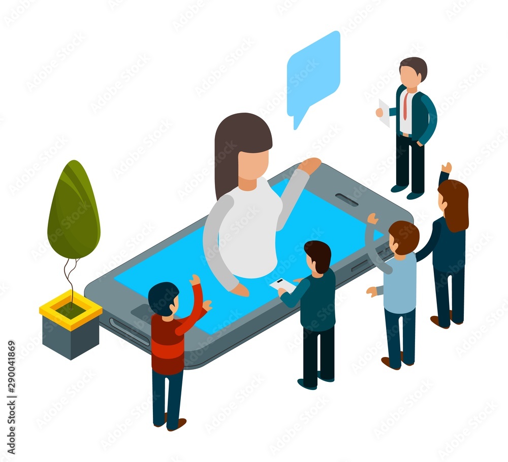 Poster chatbot concept. isometric artificial intelligence. vector people chatting with chat bot app. chat b