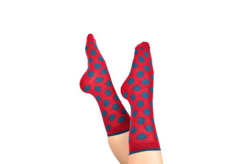 Woman in red socks isolated on white background. Top view.