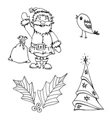 Sketch santa claus, christmas tree, sack, two leaves with berries, bird. Graphic arts.