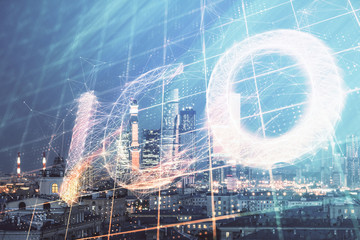 Double exposure of bitcoin sign drawing hologram on cityscape background. Concept of crypto economy