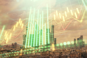 Fototapeta na wymiar Double exposure of financial graph on downtown veiw background. Concept of stock market research and analysis