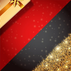 Glowing golden sparkles and realistic gift on red and black background. Social Media Banner Design Template good for cover, card, poster, wallpaper, party, birthday, anniversary, Christmas, New Year