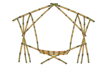 Large bamboo hut with overestimated porch zone. Stylized drawing. Watercolor hand painted isolated elements on white background. Traditional tropical housing, asian cottage, exotic bungalow. 