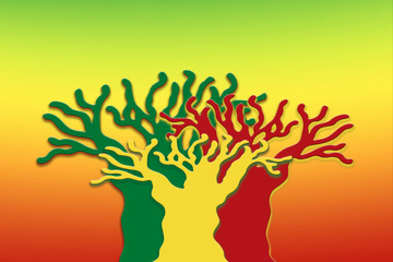 Silhouettes of three baobabs, green, yellow and red colors, illustration  
