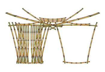 Large bamboo hut with closed left zone. Stylized drawing. Watercolor hand painted isolated elements on white background. Traditional tropical housing, asian cottage, exotic bungalow. 