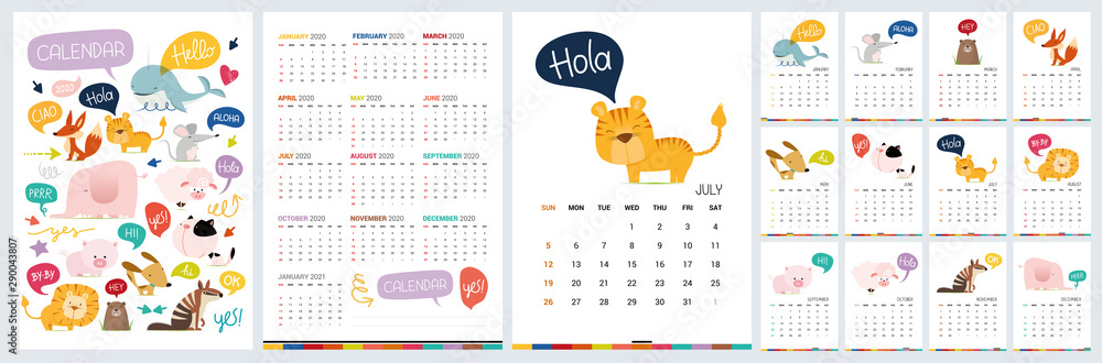 Wall mural Funny calendar 2020 with wild cartoon animals. Vector hand drawn illustration