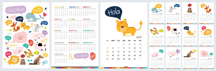 Funny calendar 2020 with wild cartoon animals. Vector hand drawn illustration © pingebat