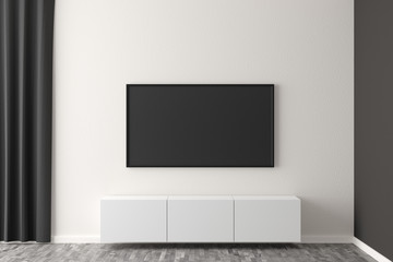 Flat smart tv panel on white wall with white sideboard and brown wooden floor - entertainment, media or home television set mock up template with copy space - 3D illustration