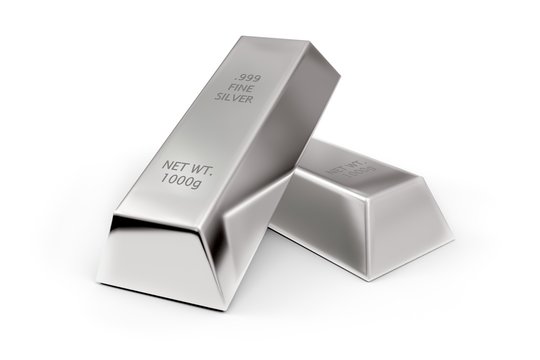 Two silver ingots or bars over white background - precious metal or money investment concept, 3D illustration
