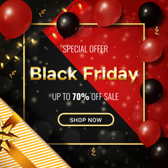 Black Friday Sale Card with Shiny Balloons on Black and Red Background with Square Frame, gift and sparkling lights garland. Social Media Banner Design Template