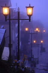 霧が漂う温泉街の外灯