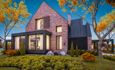 Fototapeta na wymiar 3d rendering of modern cozy clinker house on the ponds with garage and pool for sale or rent with beautiful landscaping on background. Soft autumn evening with golden leafs anywhere.