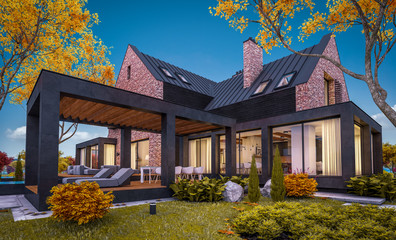 3d rendering of modern cozy clinker house on the ponds with garage and pool for sale or rent with beautiful landscaping on background. Soft autumn evening with golden leafs anywhere. - obrazy, fototapety, plakaty