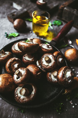 Royal mushrooms in a frying pan. Cooked dishes.