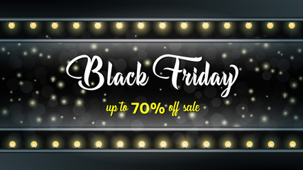 Black Friday sale banner with glowing garland and glowing sparkles on Dark Background with rectangular frame. Social Media Banner Design Template good for cover, poster, wallpaper, party
