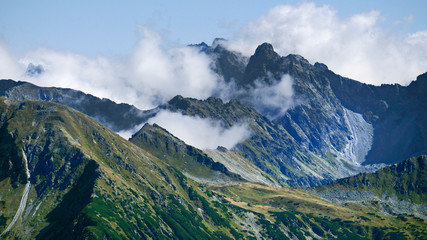 Tatry Wysokie - widok z Czerwonych Wierch&oacute;w na Cubrynę, Mięguszowieckie Szczyt, Rysy, Gerlach, Szpiglasowy Wierch, Szpiglasową Przełęcz, Miedziane, Zawory