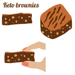 female fingers holding keto brownies with nuts for losing weight diet vector illustration