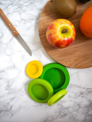 Set of reusable silicone food wraps for cut fruits and leftovers in a zero waste lifestyle