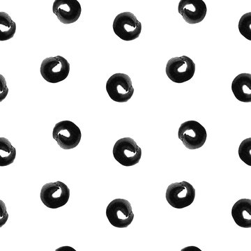 Seamless pattern with hand drawn shapes, circles, smears, hooks. Hand painted grunge ink doodles in black and white colors. Trendy endless texture for digital paper, fabric.