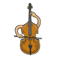 Fototapeta premium Double bass violin alto cello string instrument plays on itself sketch engraving vector illustration. Tee shirt apparel print design. Scratch board style imitation. Black and white hand drawn image.