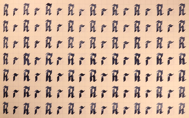 Calligraphic letter R learning skills paper page. Calligraphy letters r background. Lettering...