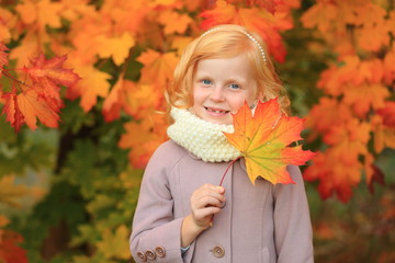 Naklejka na ściany i meble A girl with red hair plays in the autumn park. Autumn palette. Portrait of ginger child