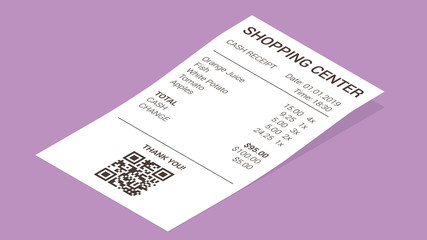 Naklejka premium Isometric shop receipt, realistic isolated vector illustration. Straight and curled paper payment bill for cash payment transaction with barcode, goods and their price
