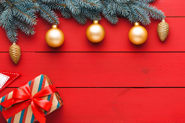 Beautiful celebratory Christmas background. New Year's holidays. Christmas holidays. Beautiful Christmas decorations on the wooden background. Loft style. Mockup