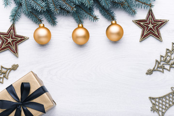 Beautiful celebratory Christmas background. New Year's holidays. Christmas holidays. Beautiful Christmas decorations on the wooden background. Loft style. Mockup