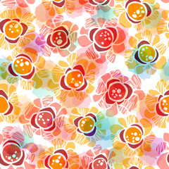 Seamless rich pattern with abstract flowers and scribbles on watercolor background