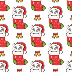 Seamless pattern with funny cat as a gift in Christmas sock, on white background. Excellent design for packaging, wrapping paper, textile etc.