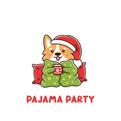The dog breed welsh corgi wrapped in a blanket with stars, with a mug of hot drink. It can be used for sticker, patch, brochures, posters, ads, articles etc.
