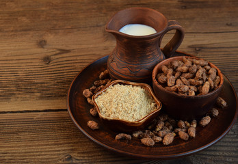 Сhufa milk and tigernut flour. Alternative type of milks. Vegan non-dairy milk. Lactose-Free Milk and Nondairy Beverages. Lactose intolerance. Gluten free. Grain free. Healthy food. Superfood.