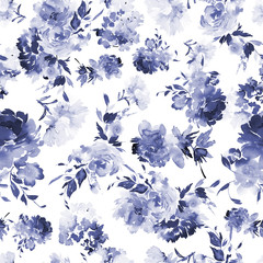 Seamless summer pattern with watercolor flowers handmade indigo tones on a white background