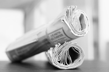 Rolled Newspapers on Table. Journals and Magazines in Office. Business Papers with News