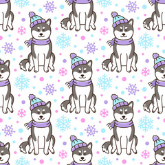 Seamless pattern with Siberian Husky dog in hat and scarf with snowflakes, on white background. Excellent design for packaging, wrapping paper, textile etc.