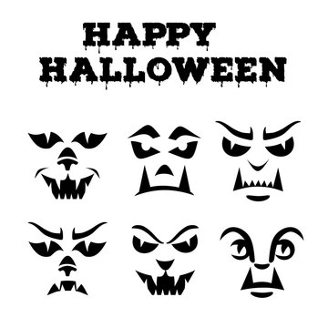 Halloween pumpkins carved faces silhouettes collection. Template with variety of eyes, mouths, noses for cut out jack o lantern. Funny werewolfs  stencil set. Monster icons. Black and white vector art
