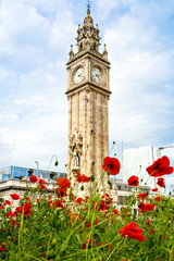 Little Big Ben in Belfast, Albert Memorial Clock Tower on sunny day with blue sky.