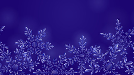 Fototapeta na wymiar Christmas composition of large complex transparent snowflakes in light blue colors on dark gradient background. With horizontal repeating pattern. Transparency only in vector format