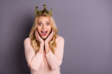 I wish world piece. Photo of funny lady with golden crown on head overjoyed by nomination wear...